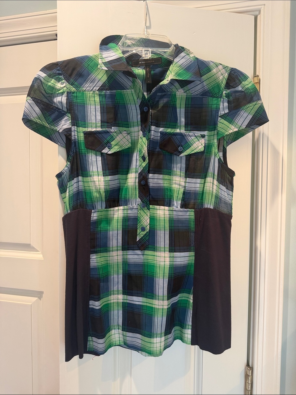 BCBGMaxAzria Green and Blue Plaid Short-Sleeve Button Front Top